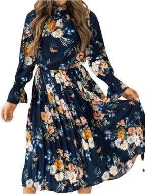Indie and Co Blue Floral Drees High Neck Pleated Women's Size Medium